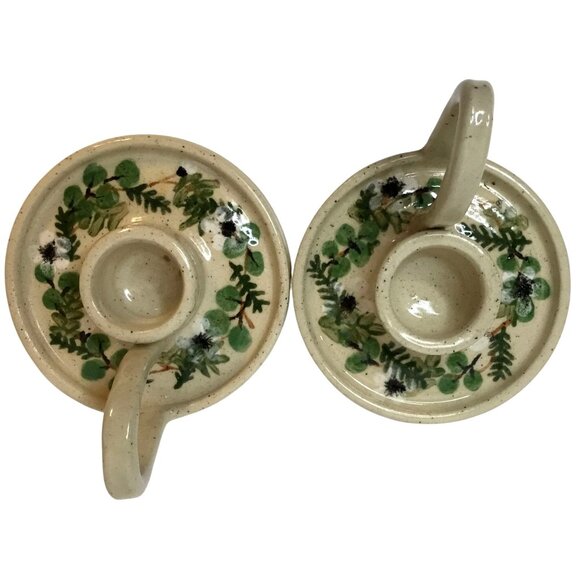 Signed Floral Ceramic Candlestick Holders Pair Cottagecore Vintage Farmhouse - Picture 1 of 6